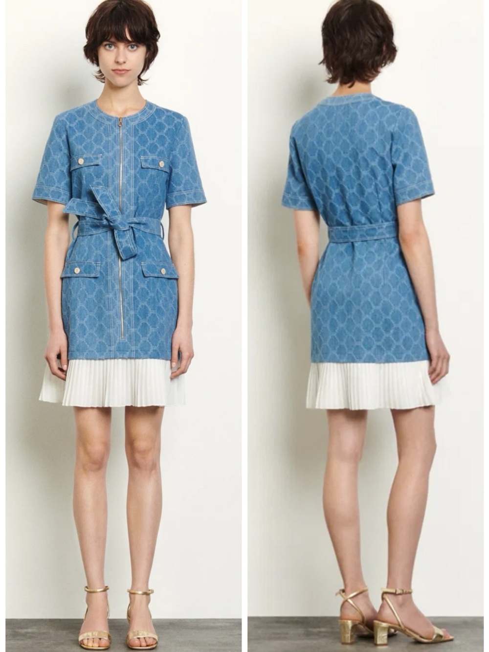 Sandro Blue Jacquard Mini Dress with Cream Pleated Hem